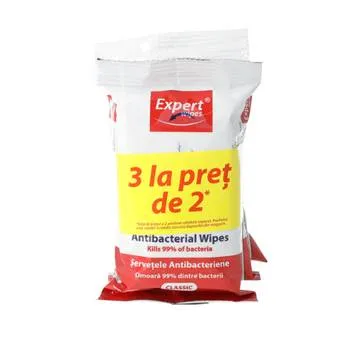 Pachet 3 la pret de 2 Servetele umede Antibacteriene Clasic, 15 bucati, Expert Wipes