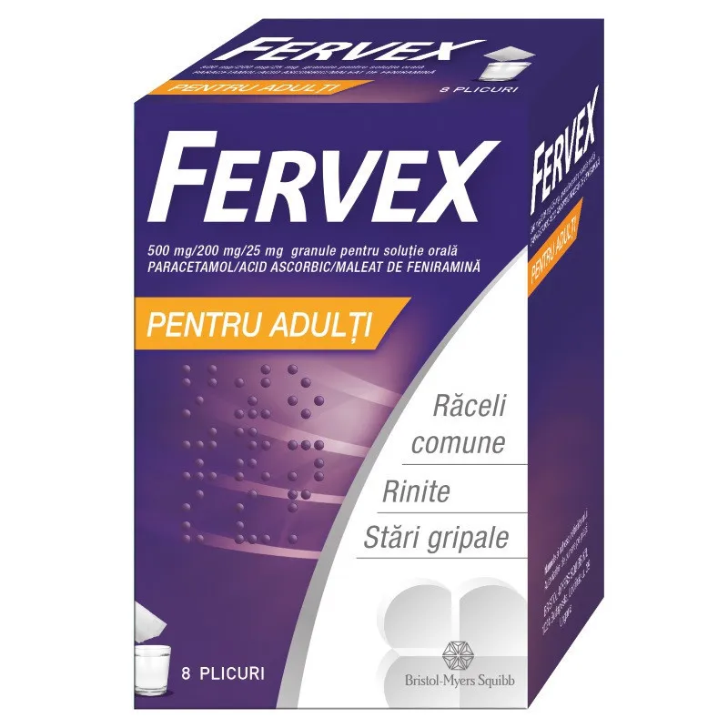 Fervex Raceala Si Gripa Pentru Adulti, 500mg/200mg/25mg, 8 Plicuri