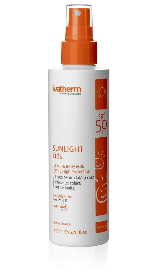 Lapte de protectie solara copii SPF 50+ Sunlight 200 ml, Ivatherm