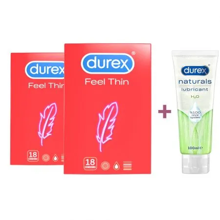 Pachet Prezervative Feel Thin, 18 + 18 bucăți + Lubrifiant Naturals H2O, 100 ml, Durex