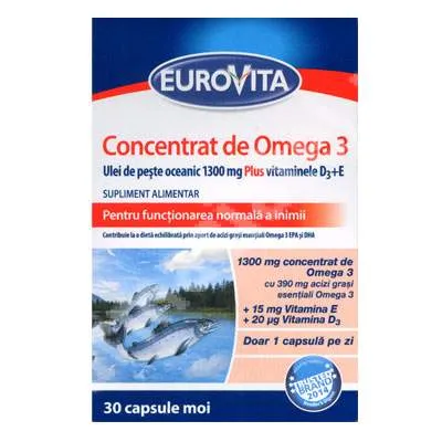 Concentrat de Omega 3 ulei de peste 1300mg Plus Vit D3+E, 30 capsule