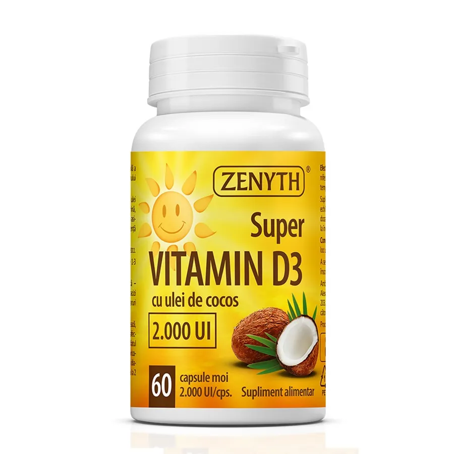 Super vitamina D3 cu ulei de cocos, 2.000UI, 60 capsule, Zenyth