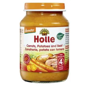 Piure din morcovi, cartofi si carne de vita +4 luni, 190g, Holle Baby Food