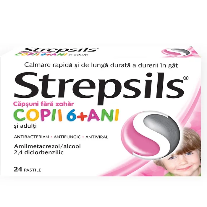 Strepsils cu aroma de capsuni fara zahar copii 6+ ani, 24 pastile, Reckitt Benckiser Healthcare