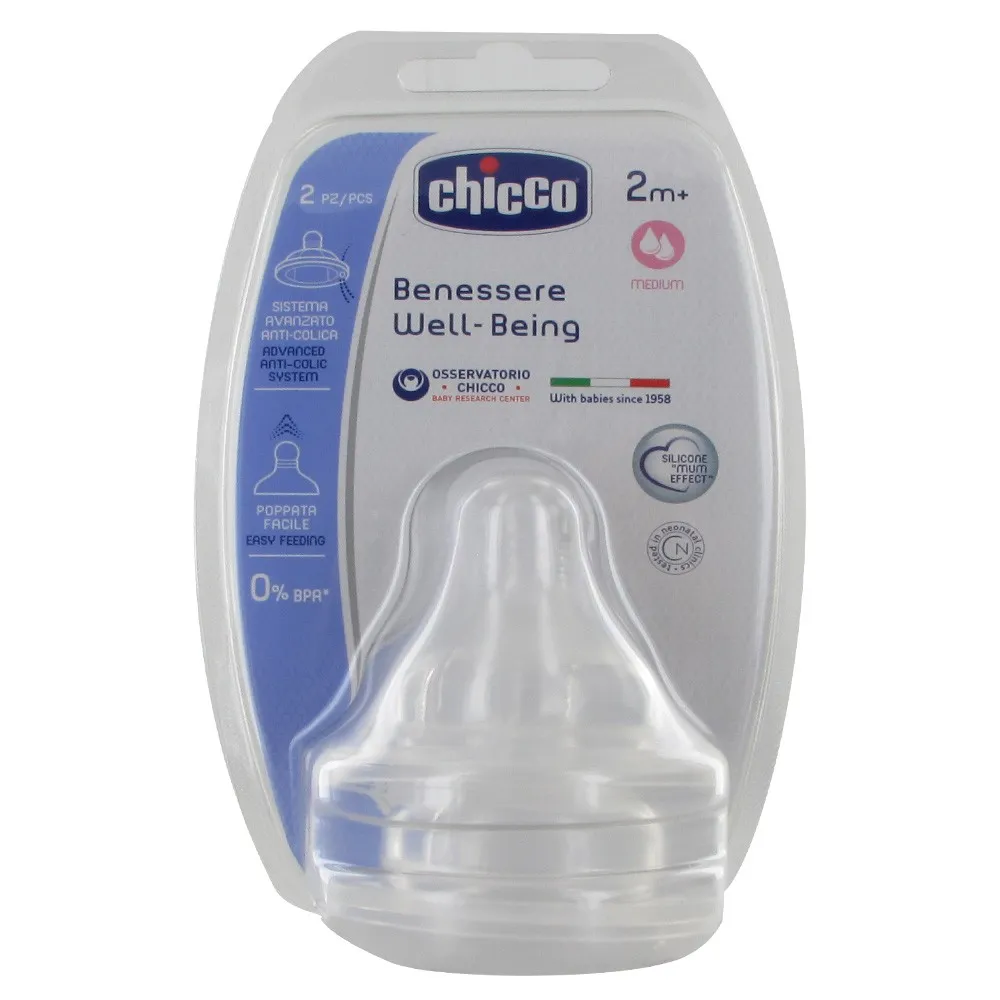 Tetina Chicco din silicon Phyziologic flux mediu, 2 bucati, 2 luni+