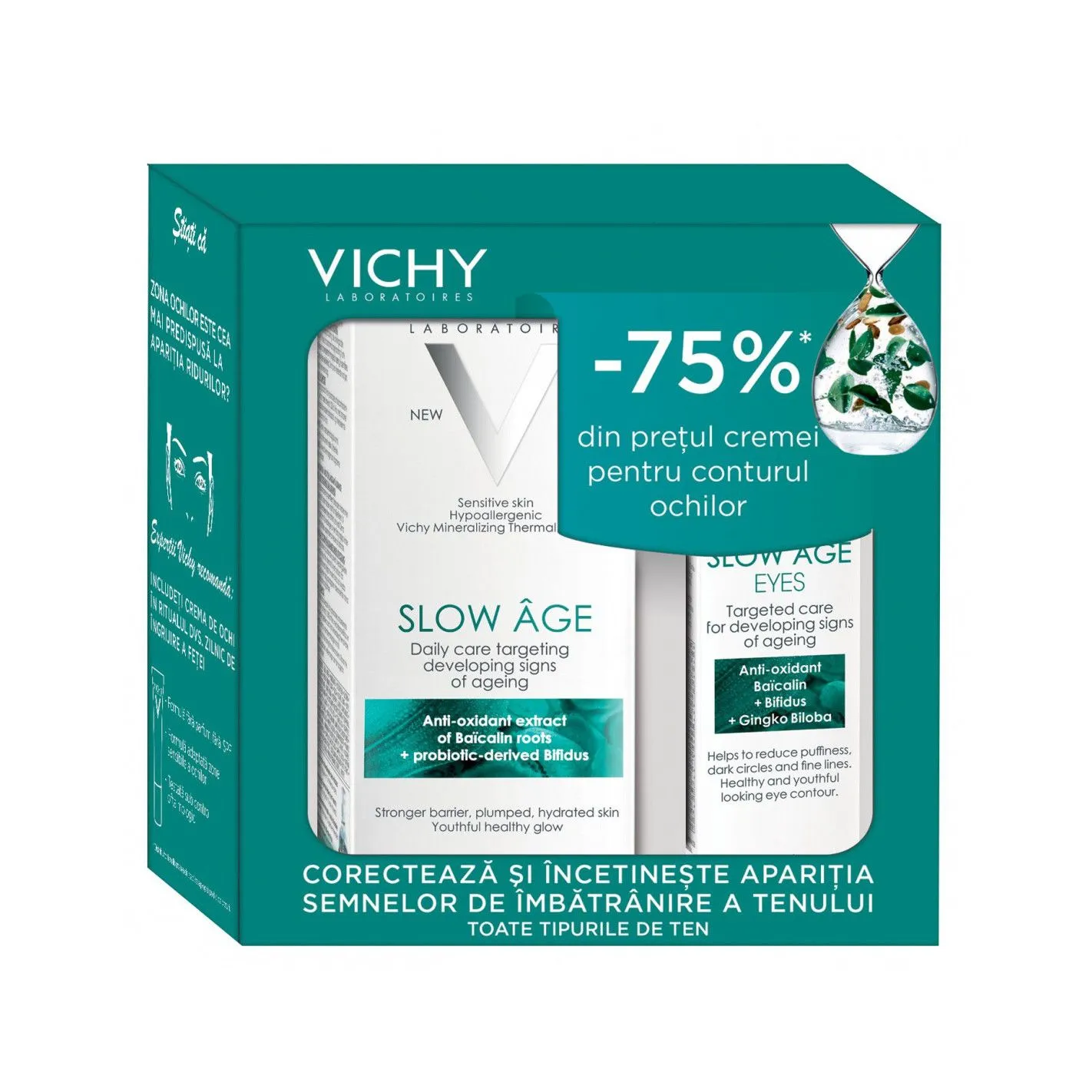 Vichy Pachet Fluid pentru corectarea si incetinirea aparitiei semnelor de imbatranire a tenului SPF 25 Slow Age, 50ml  Crema contur ochi pentru corectarea semnelor de imbatranire in curs de formare Slow Age, 15 ml