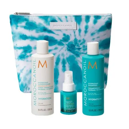 Set Hidratare Sampon 250 ml + Balsam 250 ml, Spray 50 ml, Souffle Nutritiv Pentru Corp 5 ml + Geanta Cosmetica, Moroccanoil