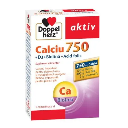 Calciu 750 Vitamina D3 Biotina Acid Folic, 30 comprimate, Doppelherz