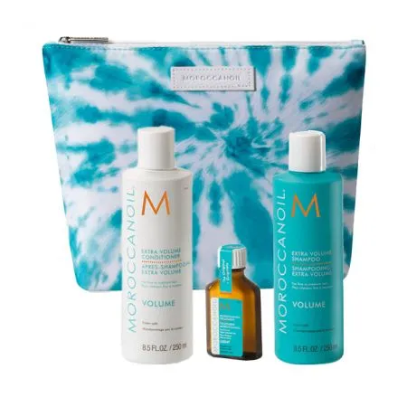 Set Volum Sampon 250 ml + Balsam 250 ml, Tratament Pentru Par Deschis 25 ml + Souffle Nutritiv Pentru Corp 5 ml, Geanta Cosmetica, Moroccanoil