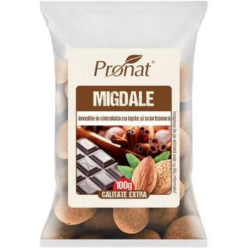 Migdale invelite in ciocolata cu lapte si scortisoara, 100g, Pronat