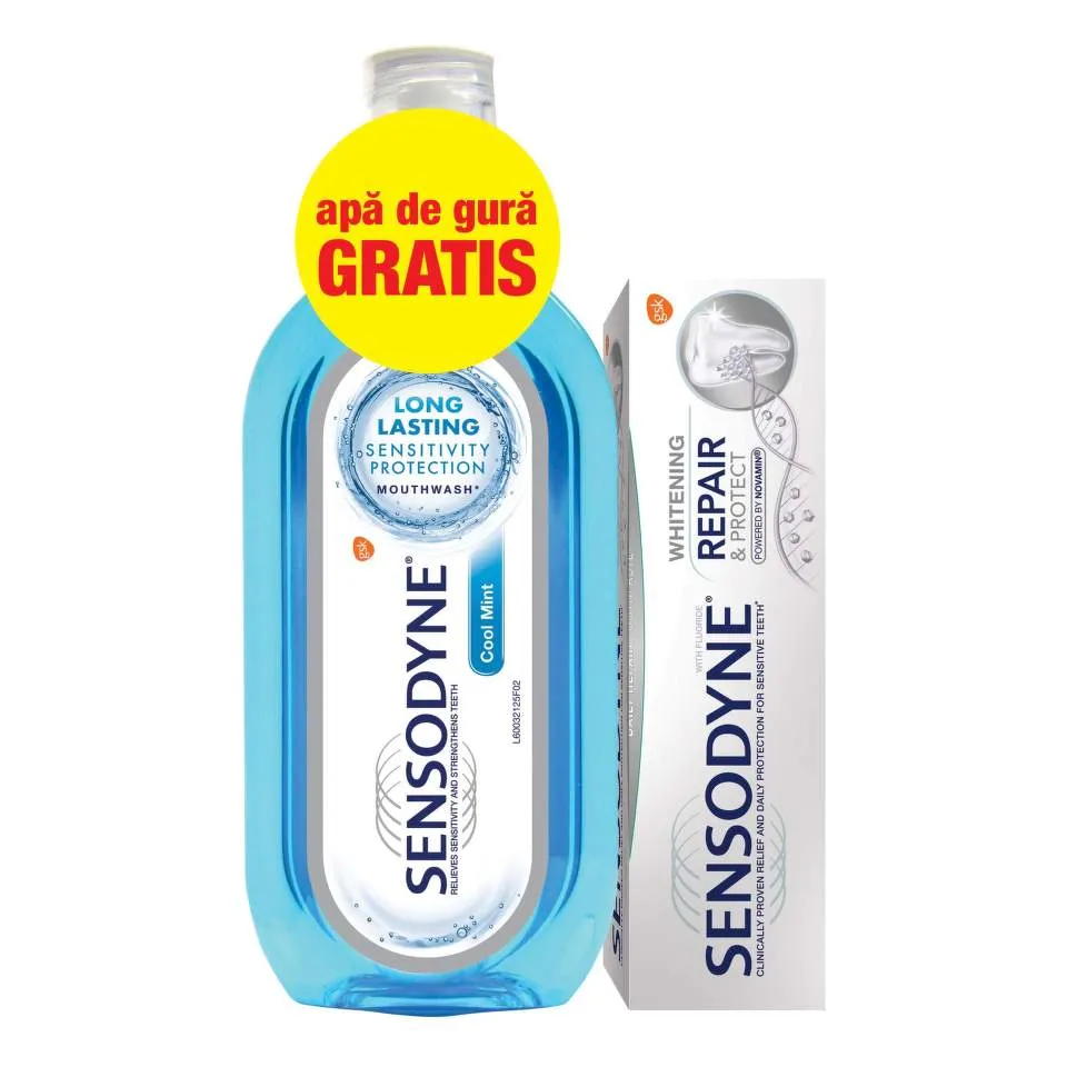 SENSODYNE PASTA DE DINTI REPAIR AND PROTECT WHITENING 75ML + APA GURA COOL MINT 500ML CADOU