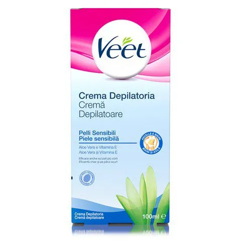 Crema depilatoare cu aloe vera si vitamina E pentru piele sensibila bikini si axila, 100 ml, Veet