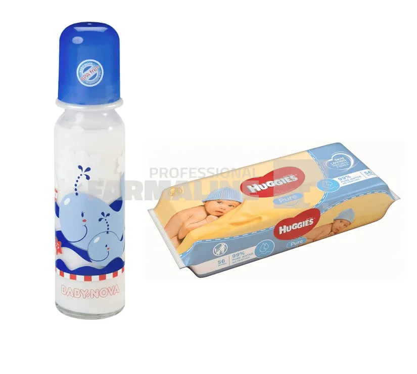 Baby Nova 43705-5 Biberon Sticla 250 ml + Servetele Huggies Pure 56 bucati - Pachet