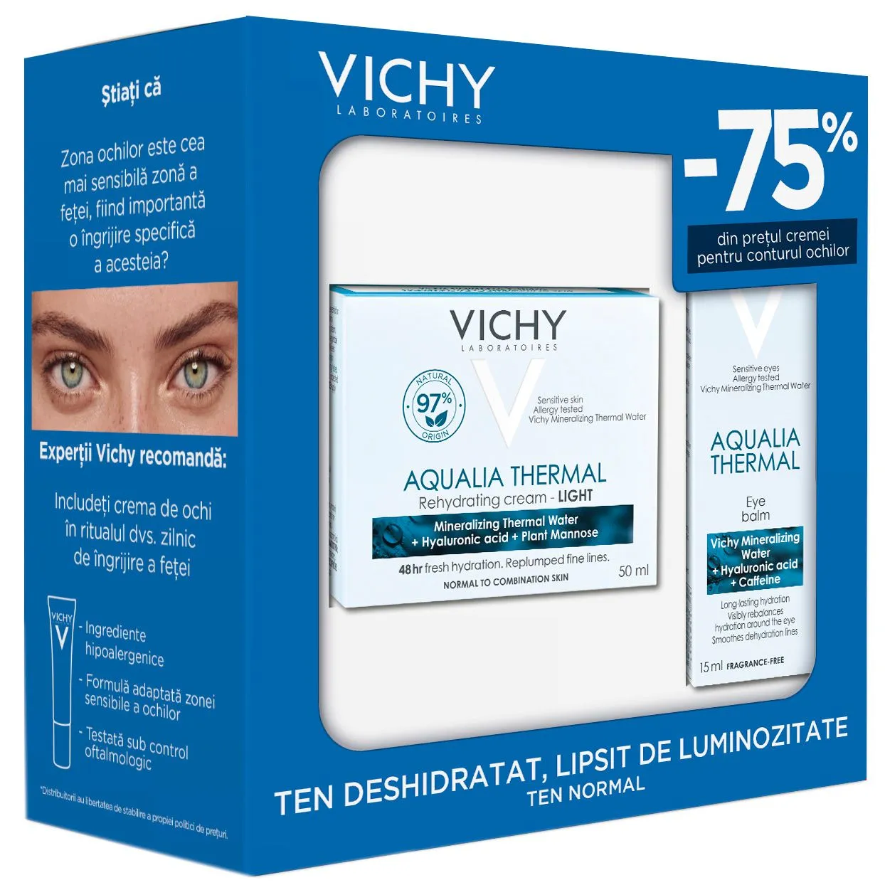Pachet Vichy Crema hidratanta pentru pentru ten normal Aqualia Thermal Light, 50 ml + Balsam hidratant pentru zona ochilor Aqualia Thermal, 15 ml