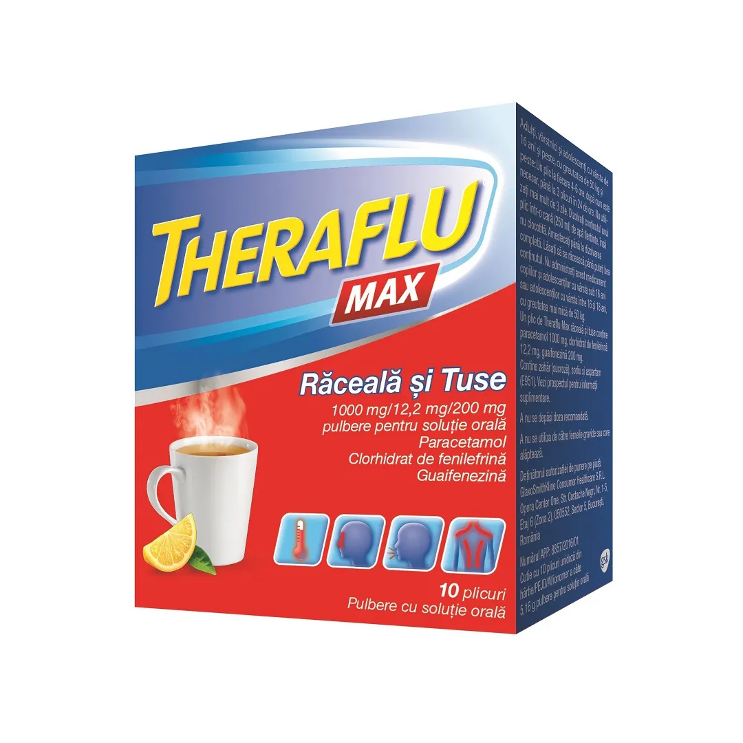 Theraflu Max raceala si tuse, 10 plicuri