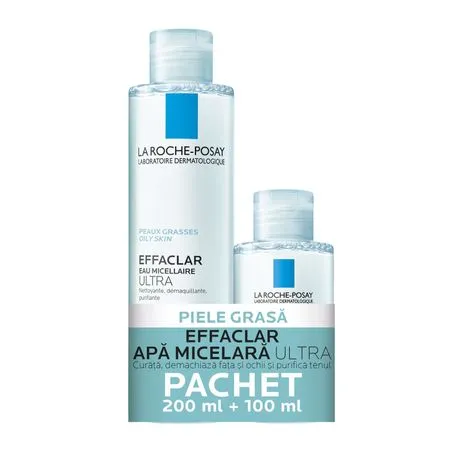 Pachet promo La Roche-Posay: Apa micelara Effaclar Ultra pentru ten gras, 200 ml + 100 ml