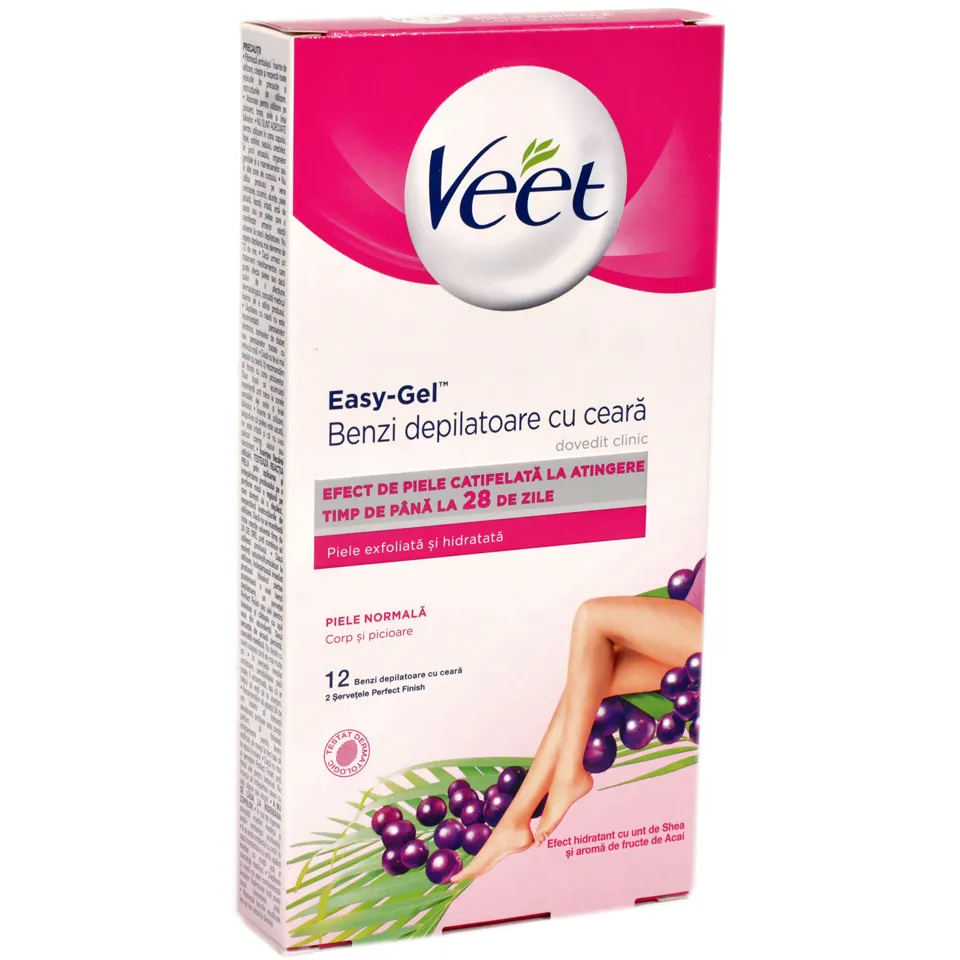 Benzi depilatoare cu ceara rece pentru corp piele normala Easy-Gel, 2 x 6 bucati, Veet