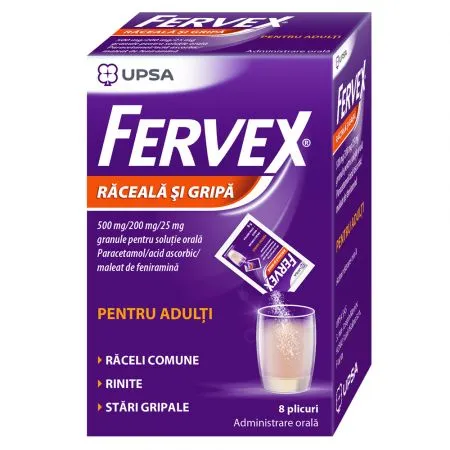 Fervex Raceala si Gripa pentru adulti, 500mg/200mg/25mg, 8 plicuri, Upsa