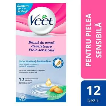 Benzi depilatoare cu ceara rece pentru piele sensibila, 12 bucati, Veet