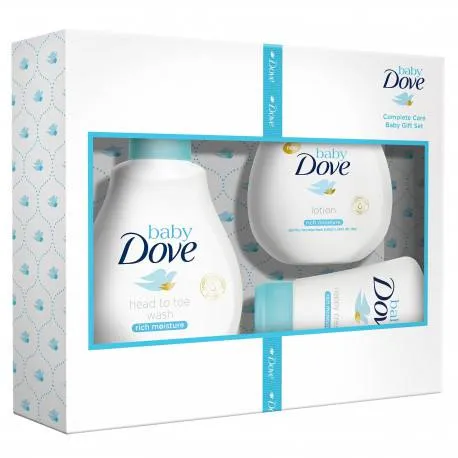 Set cadou Baby Dove Rich Moisture: Lotiune de spalare pentru par si corp, 200 ml + Lotiune de corp, 200 ml + Crema scutec, 45 g