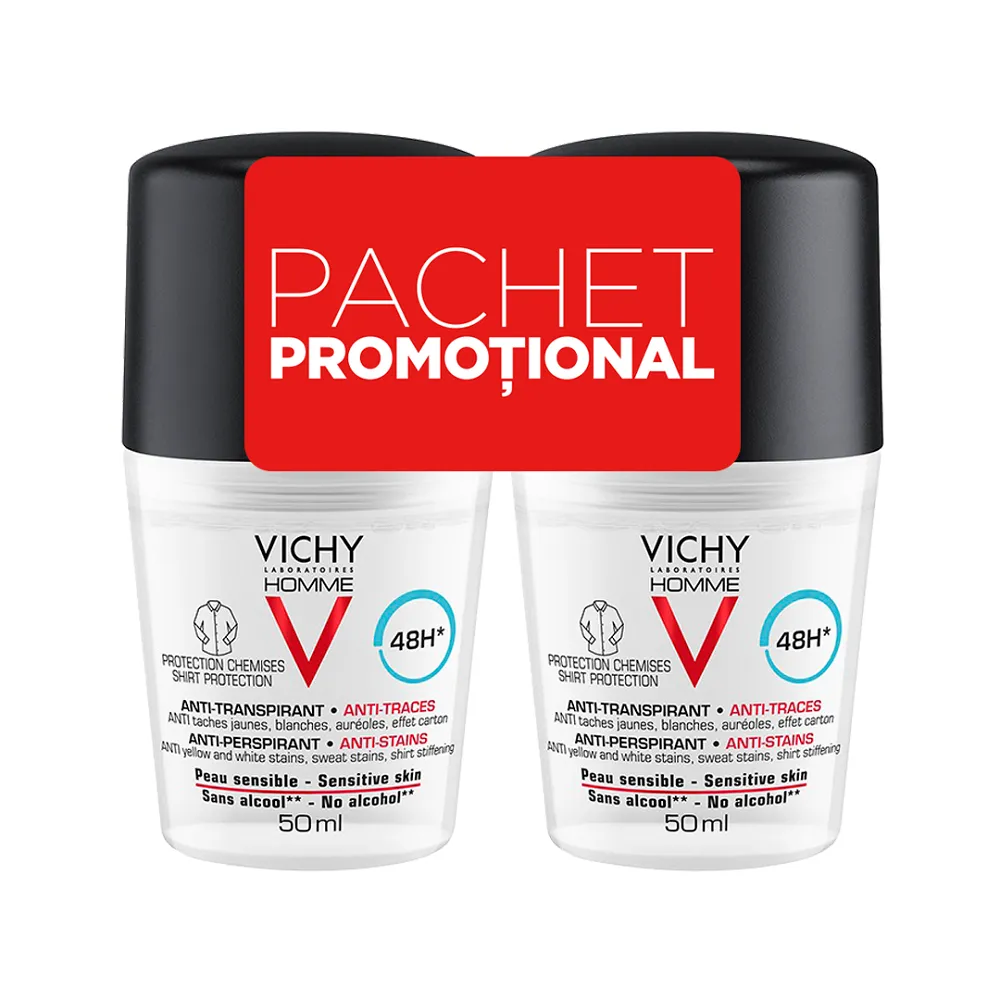 VICHY Pachet Deodorant roll-on antiperspirant anti-urme pentru barbati 48h, 50 ml  50 ml, Vichy Homme