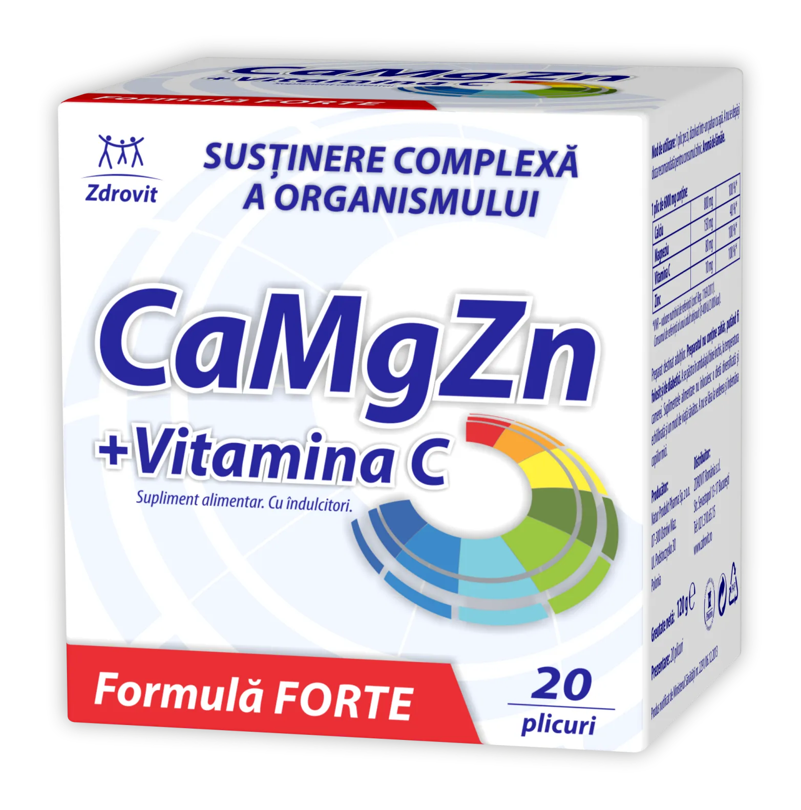 Ca, Mg, Zn şi Vitamina C Forte, 20 plicuri, Zdrovit