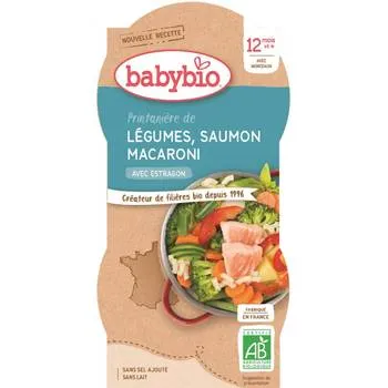 Meniu piure de legume cu somon si paste Bio, 2 x 200g, BabyBio