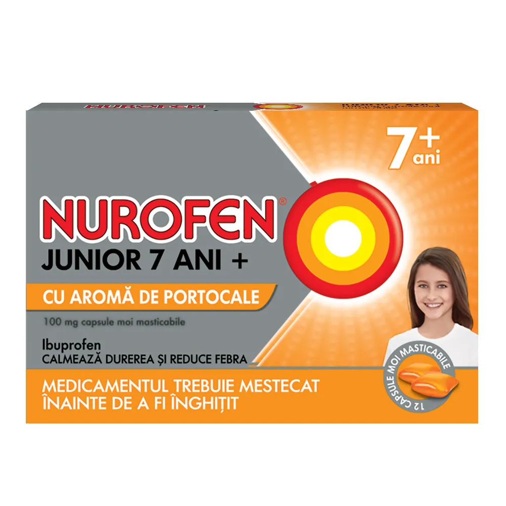 Nurofen Junior 7 ani 100 mg cu aroma de portocale, 12 capsule, Reckitt Benckiser