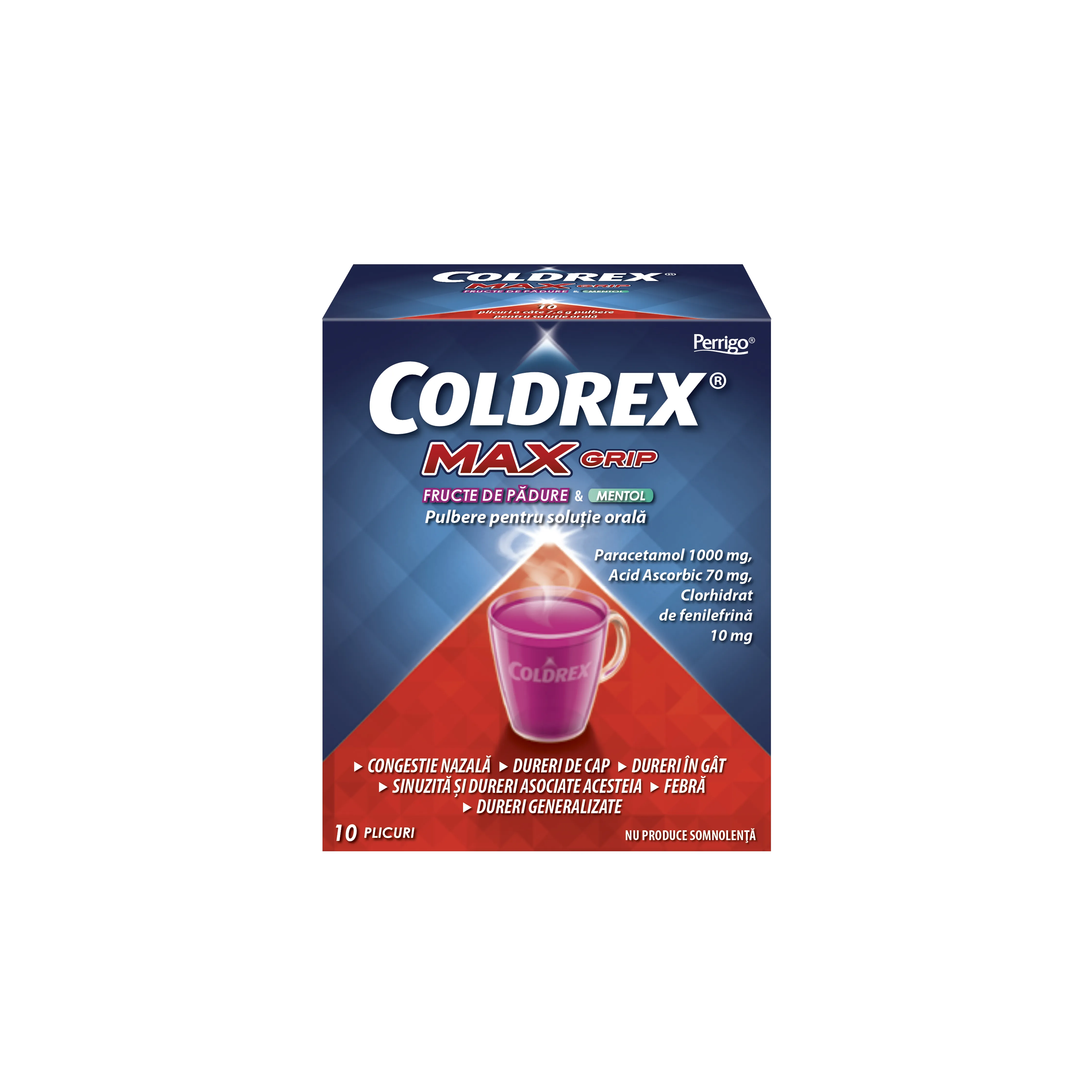 Coldrex Max Grip cu fructe de pădure și mentol, 10 plicuri, Perrigo