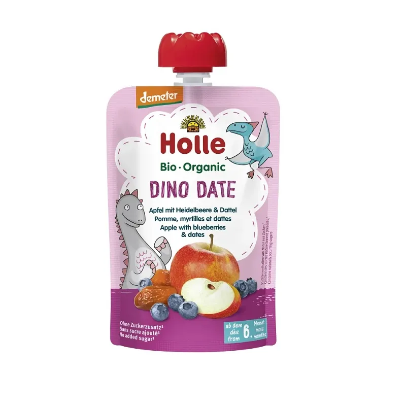 Piure Dino Date de mere, curmale si afine, 100 gr, Holle