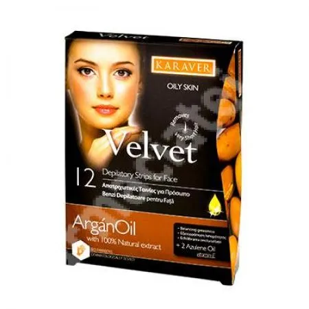 Benzi depilatoare pentru fata cu ulei de argan Velvet, 12 bucati, Karaver