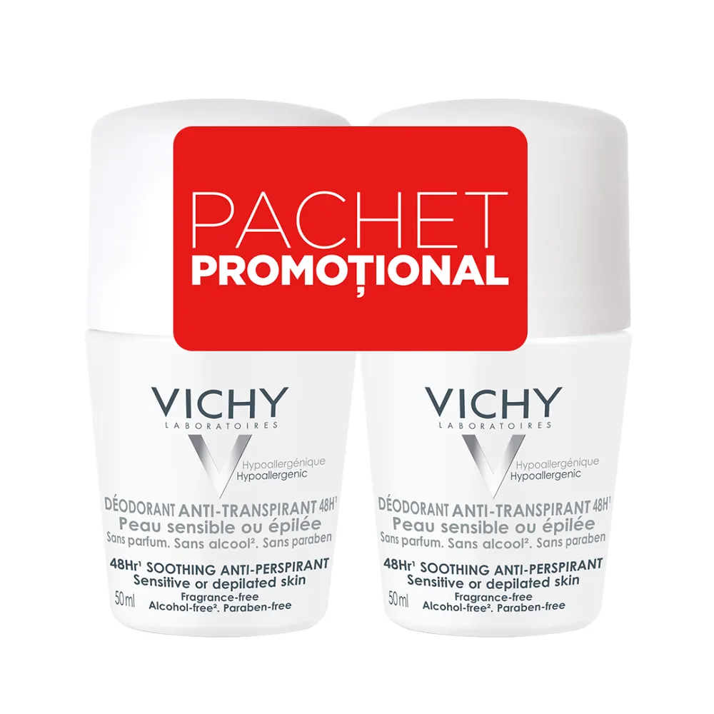 Pachet Deodorant roll-on antiperspirant fara parfum 48h piele sensibila/epilata, 50 ml + 50 ml, Vichy