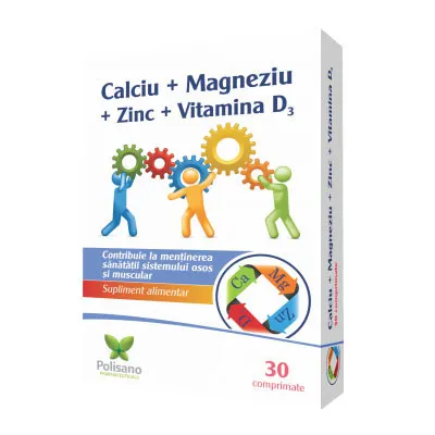 POLISANO CALCIU + MAGNEZIU + ZINC + VITAMINA D3 30 COMPRIMATE