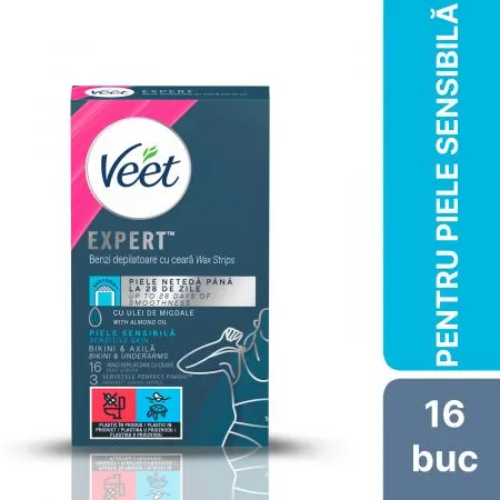 Benzi depilatoare pentru corp piele sensibila, 16 bucati 3 servetele, Veet