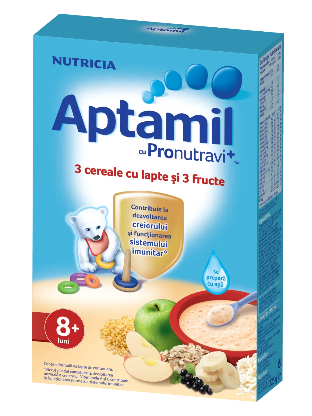 Aptamil 3 Cereale cu lapte si 3 fructe 8 luni+  225g