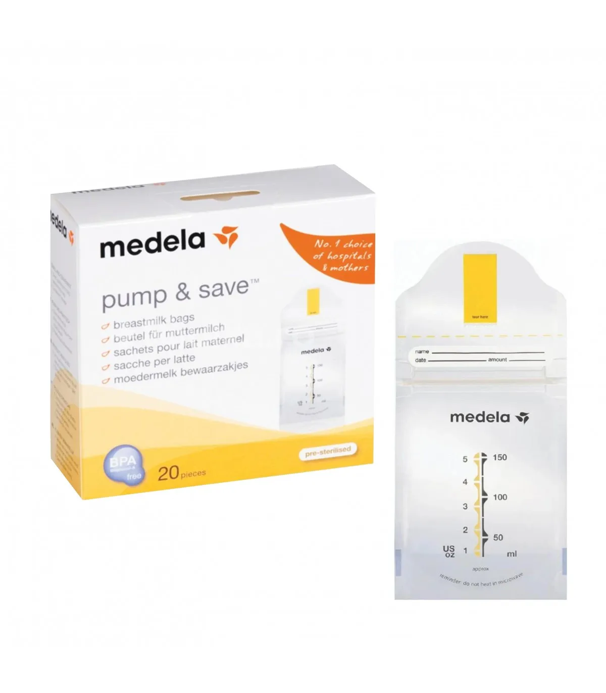 Pungi de colectare si stocare lapte matern Pump&Save, 20 bucati, Medela