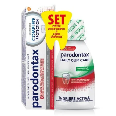 Pachet Pasta de dinti Complete Protection Whitening Parodontax, 75 ml + Apa de gura fara alcool Daily Gum Care Fresh Mint Parodontax, 300 ml, Gsk