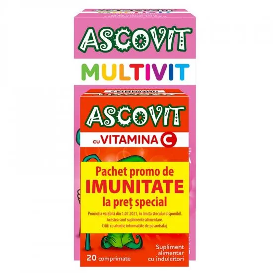 Ascovit Multivit zmeura x 60 comprimate + Ascovit Capsuni 100mg x 20 comprimate (pachet promo)