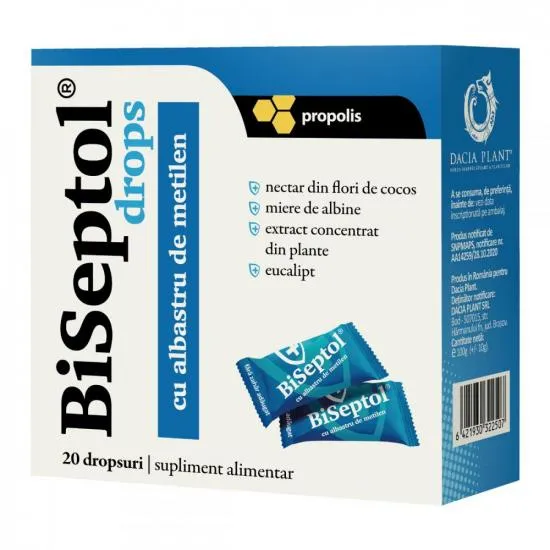 Biseptol drops cu propolis si albastru de metilen, 20 bucati, Dacia Plant