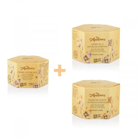 Pachet Apiterra Crema de zi antirid si fermitate, 30 ml + Crema de noapte antirid si fermitate, 50 ml + Crema contur ochi, 15 ml, Apicola Pastoral Georgescu