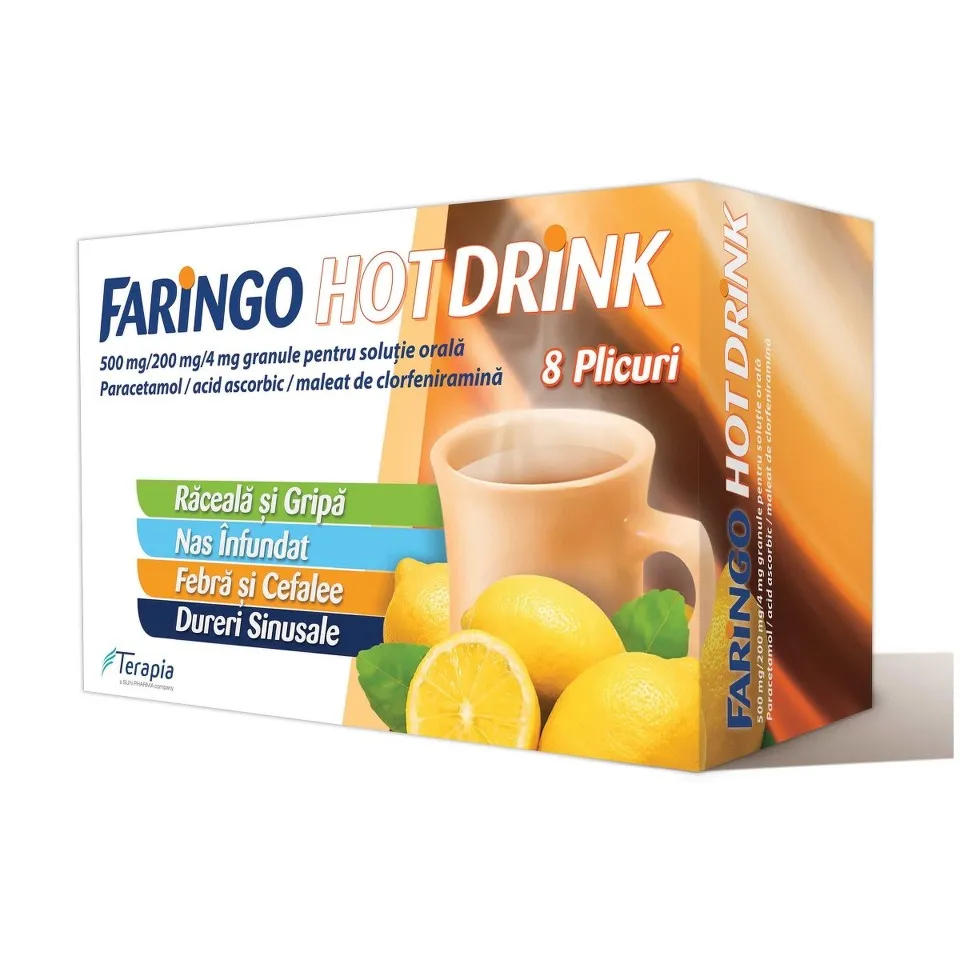 FARINGO HOT DRINK 500MG/200MG/4MG X 8PLICURI