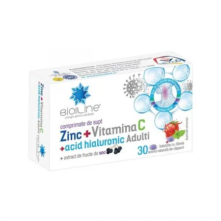 Zinc cu Vitamina C si Acid Hialuronic, 30 comprimate de supt, Helcor