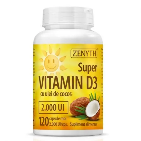 Super Vitamina D3 cu ulei de cocos, 2000UI, 120 capsule, Zenyth