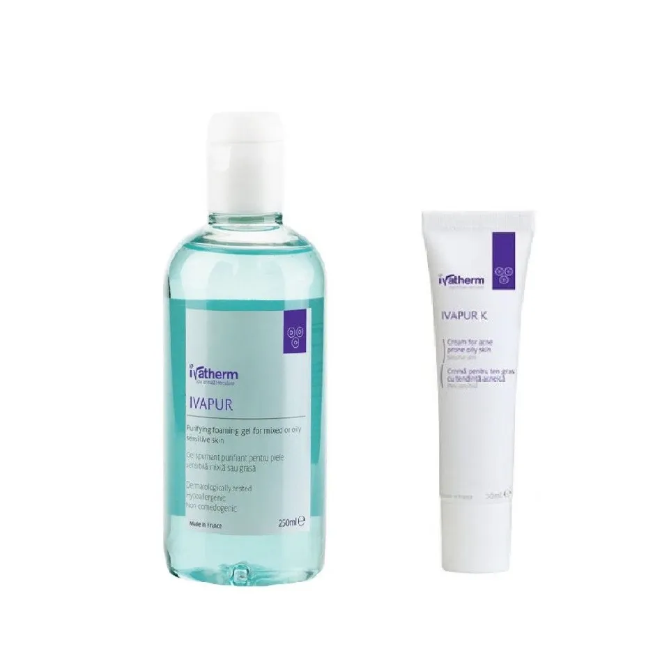 IVATHERM Pack Crema pentru ten gras cu tendinta acneica Ivapur K 30 ml + Gel spumant purifiant Ivapur 250 ml (75% reducere)