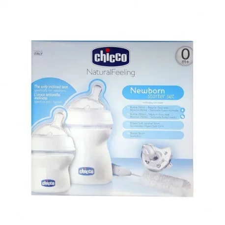 Chicco Set nou nascut, 0luni+ (un biberon 0+, un biberon 2+, o suzeta silicon, o perie biberon)