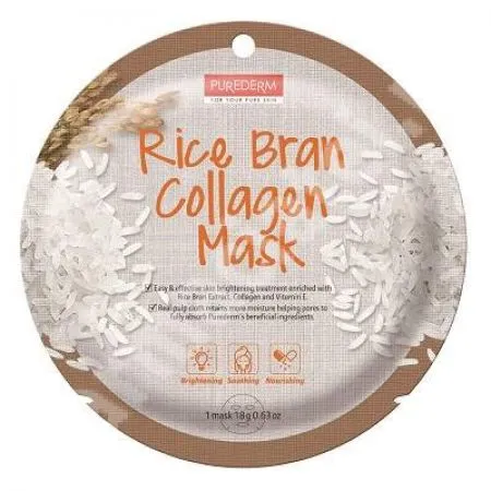 Masca din celuloza naturala pentru luminozitate si hranire Rice Bran Collagen, 18 g, Purederm