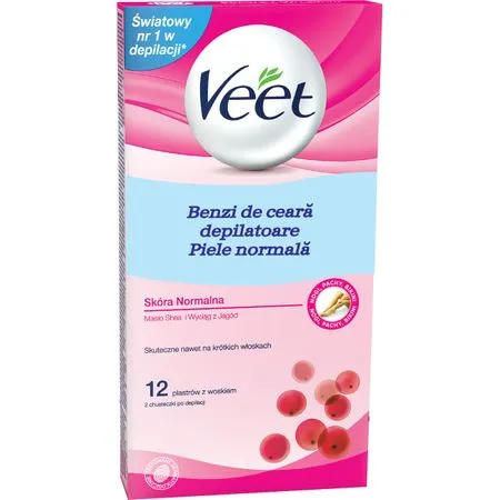 Benzi depilatoare pentru corp piele normala cu unt de Shea si fructe de padure, 12 bucati, Veet