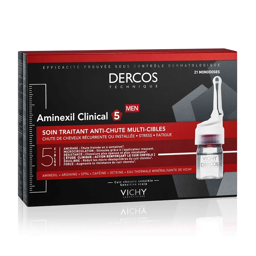 Tratament impotriva caderii parului pentru barbati Dercos Aminexil Clinical 5, 21 fiole x 6 ml, Vichy