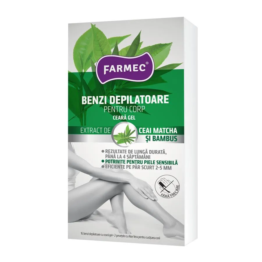 Benzi depilatoare pentru corp cu ceară GEL cu matcha si bambus, 8 x 2 benzi, Farmec 839