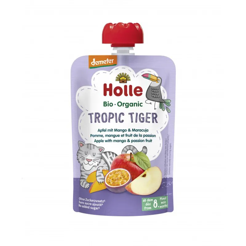 Piure eco Tropic Tiger mere, mango, fructul pasiunii, 100 g, Holle